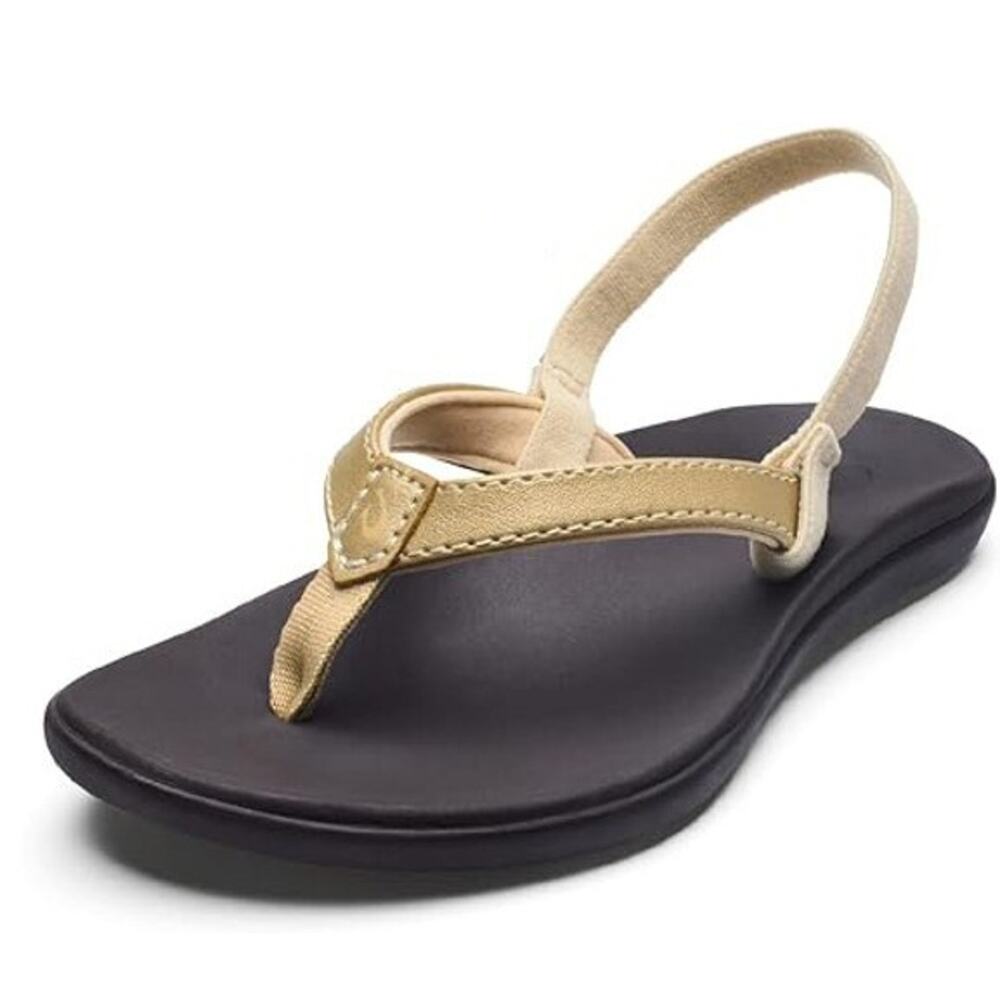 OluKai Ho'opio Gold Black Slip On Slingback Thong Flip Flop Sandals Infant Sz 9